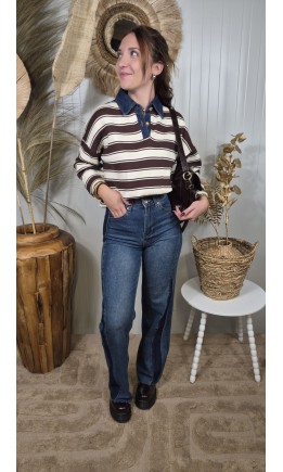 Jeans Lorene wide leg bandes contrastées – coloris bleu
