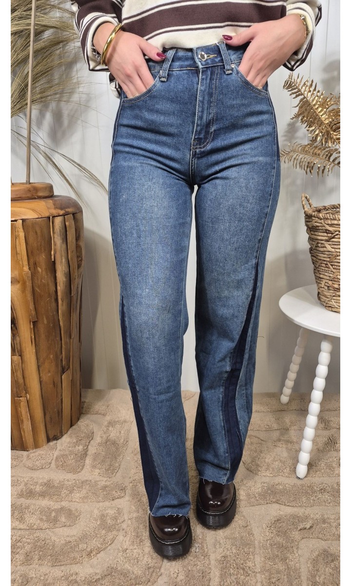 Jeans Lorene wide leg bandes contrastées – coloris bleu, vue 2