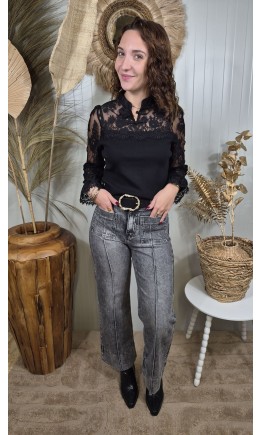 Jean taille haute droit gris délavé à revers – coloris gris