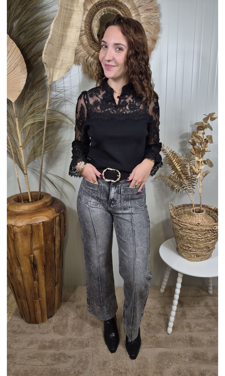 Jean taille haute droit gris délavé à revers – coloris gris