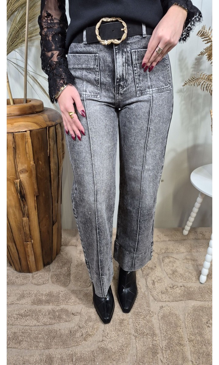 Jean taille haute droit gris délavé à revers – coloris gris, vue 2