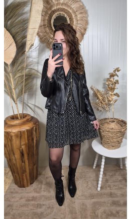 Robe Myrtille courte noire à motifs, manches voile – coloris noir
