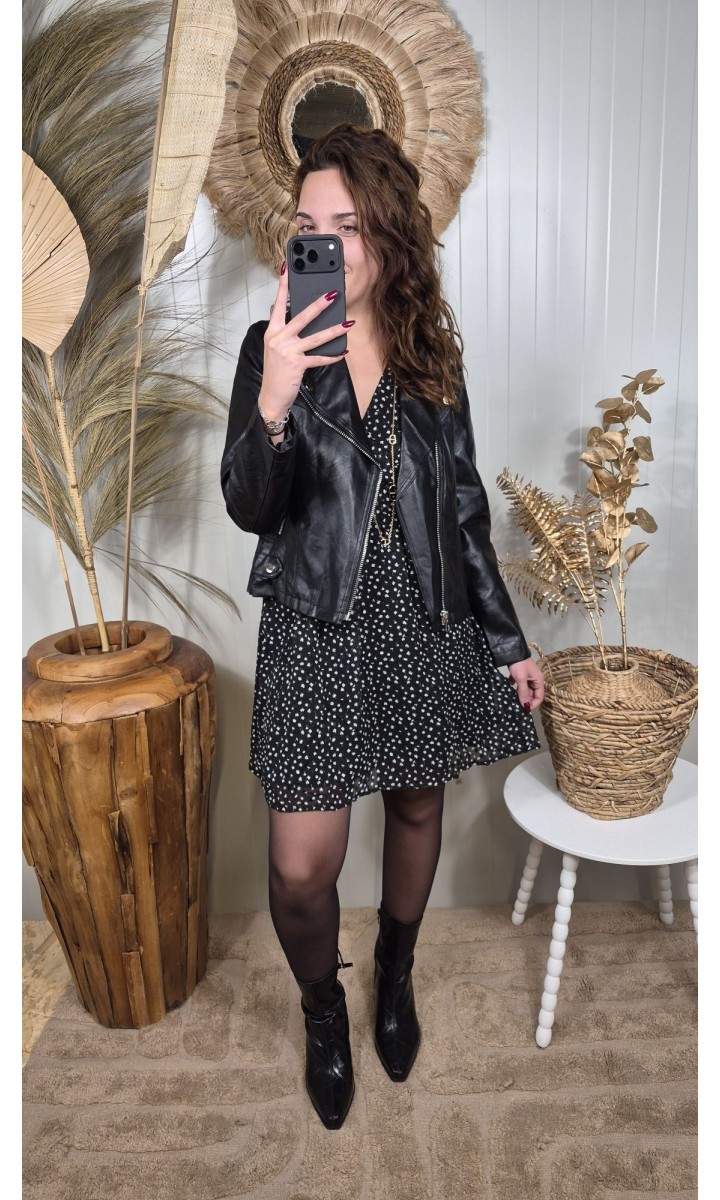 Robe Myrtille courte noire à motifs, manches voile – coloris noir