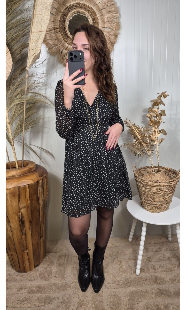Robe Myrtille courte noire à motifs, manches voile – coloris noir, vue 2