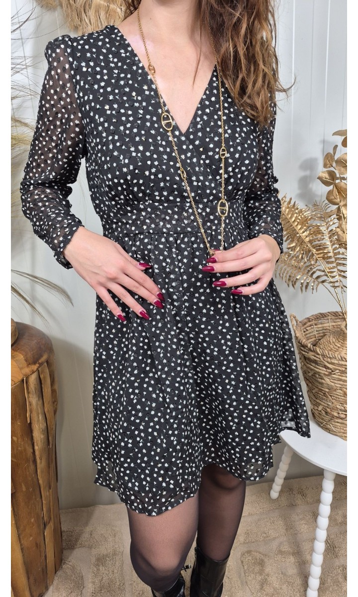 Robe Myrtille courte noire à motifs, manches voile – coloris noir, vue 3