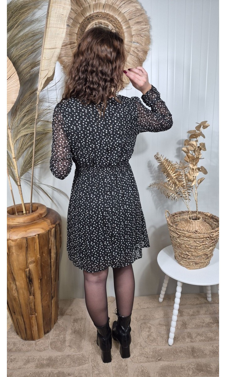 Robe Myrtille courte noire à motifs, manches voile – coloris noir, vue 4